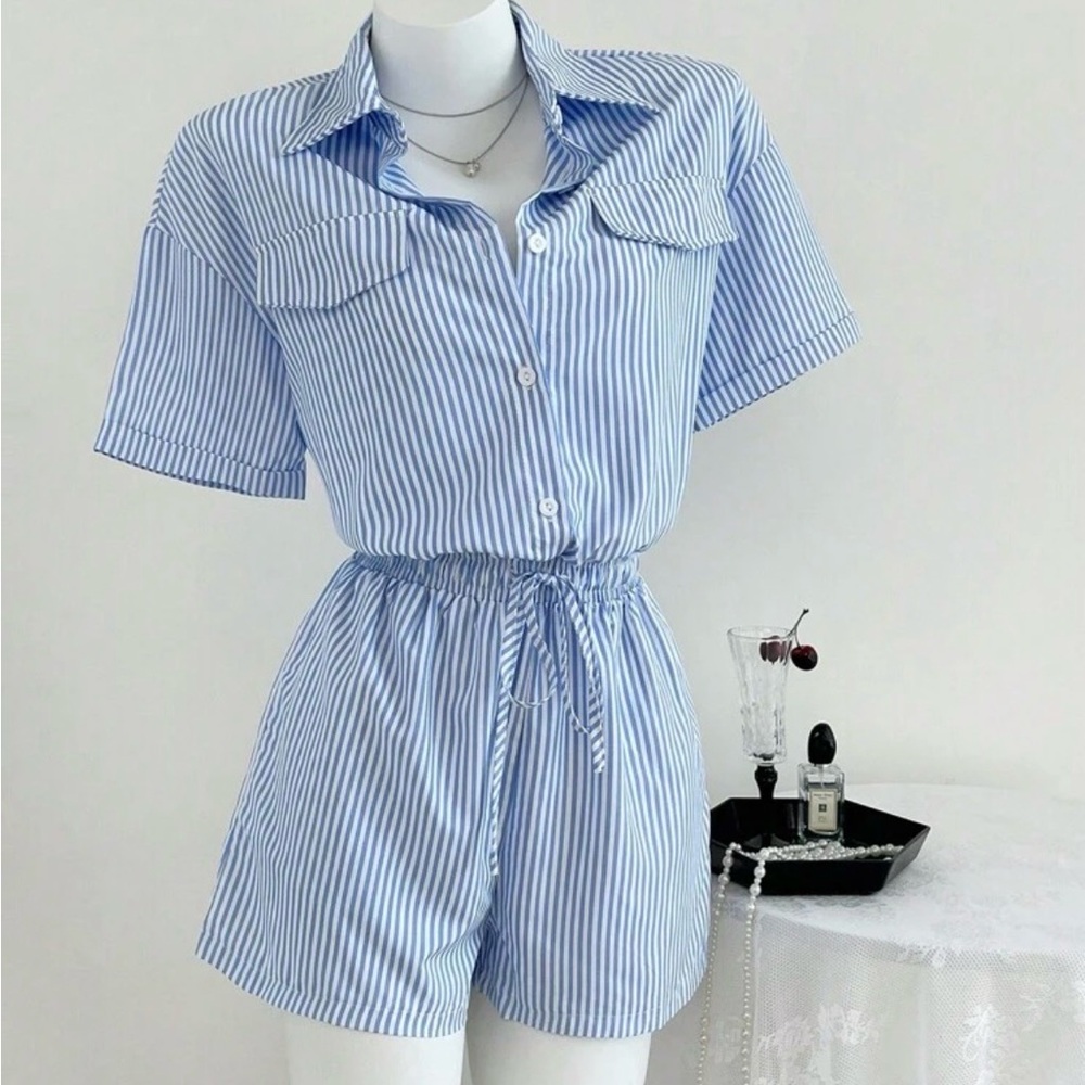 Striped Blue & White Short Sleeve Romper